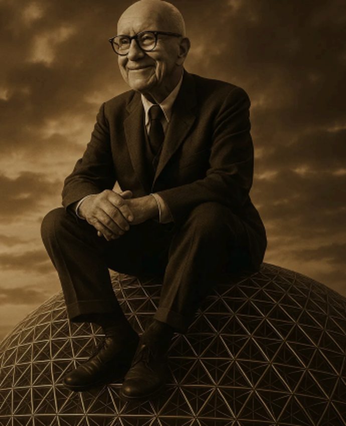 Buckminster Fuller atop a geodesic dome